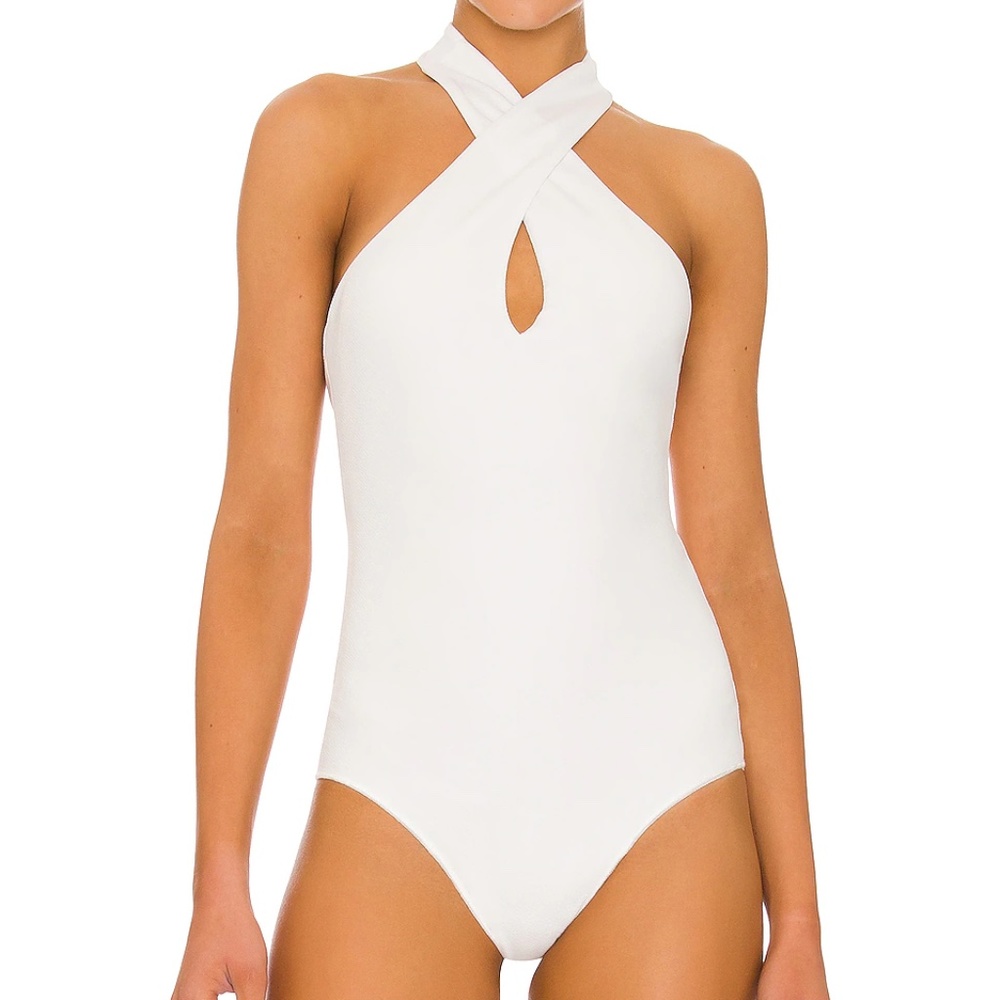 NWT Show Me Your Mumu Jasmine Bodysuit in Bone White Stretch Halter Top Medium M